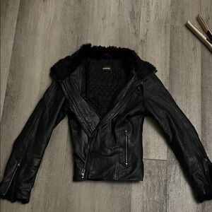 Danier Black Leather Jacket with Fur Collar